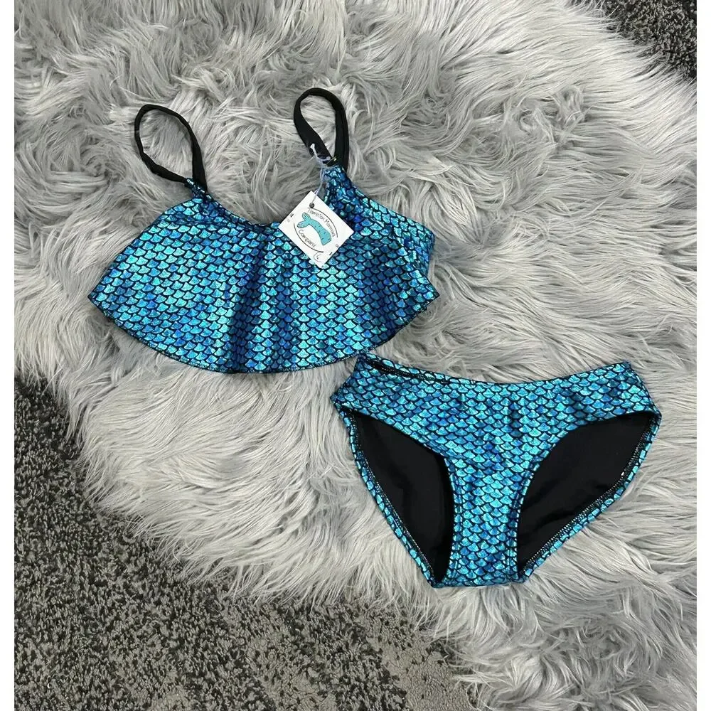 Hampton‎ Mermaid Fish Scale Blue Ruffle Bikini Size 6